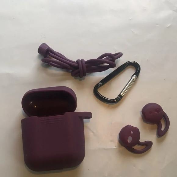 AirPods 1 2 Pro Case Cover Purple Silicone Accessories‎ Set Carabiner Strap - Picture 2 of 4